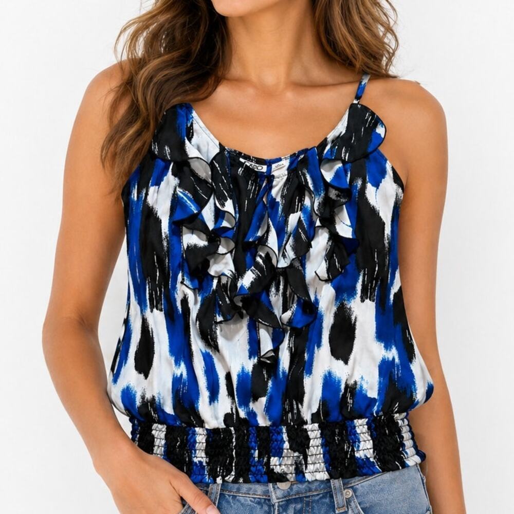Cato Abstract Ruffle Smocked Blouse